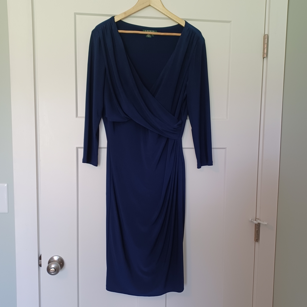 Elegant Ralph Lauren Blue Draped Faux rap Dress In Size 16